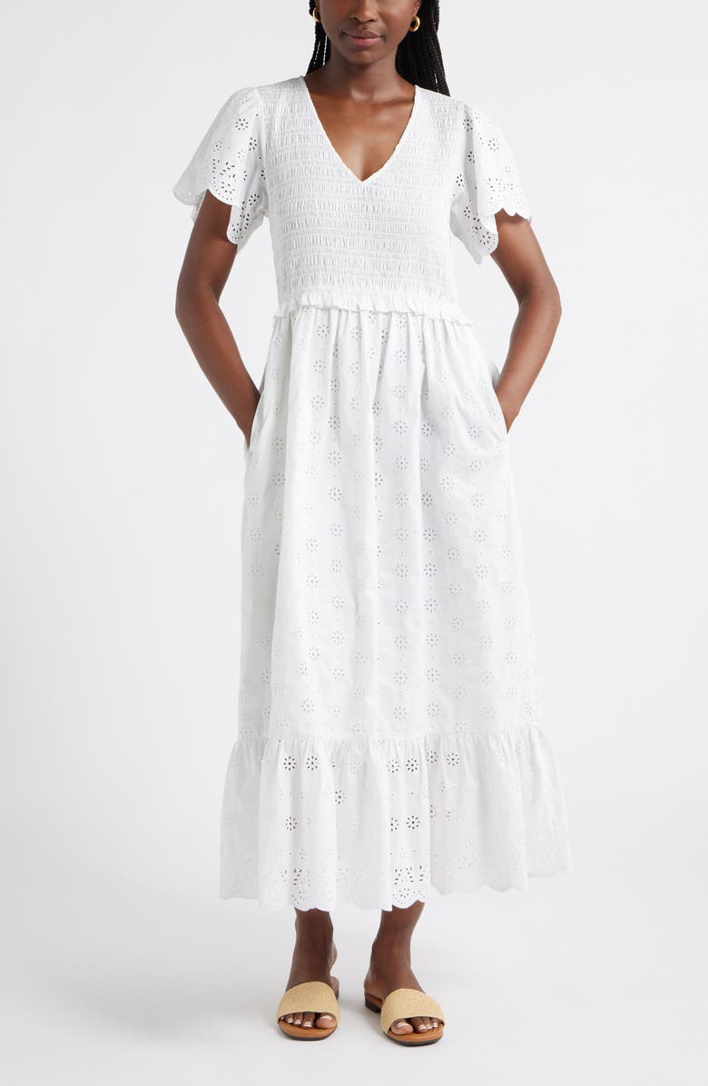 Caslon<sup>®</sup> Eyelet Smocked Flutter Sleeve Maxi Dress, Main, color, White
