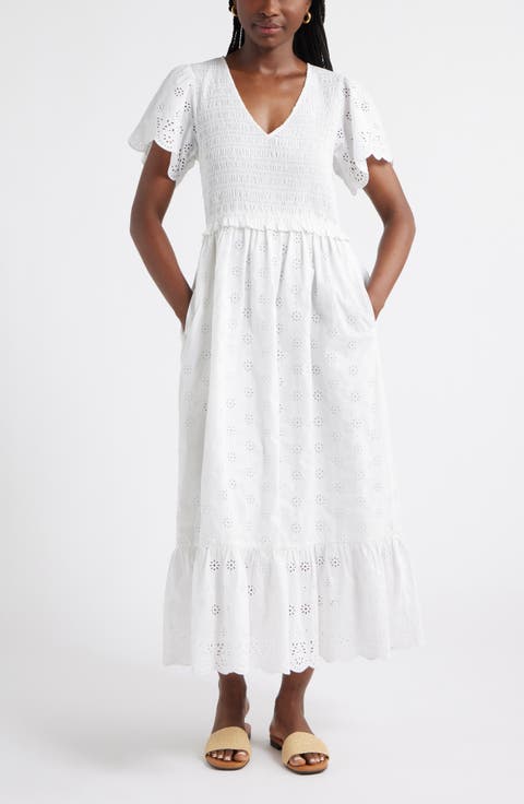 Eyelet Smocked Flutter Sleeve Maxi Dress