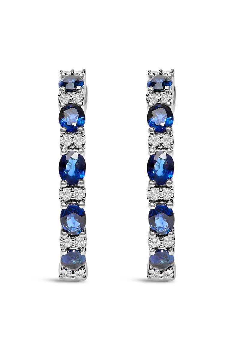 14K White Gold Oval Blue Sapphire & 1/4 Cttw Diamond Alternating Hoop Earring, Alternate, color, White
