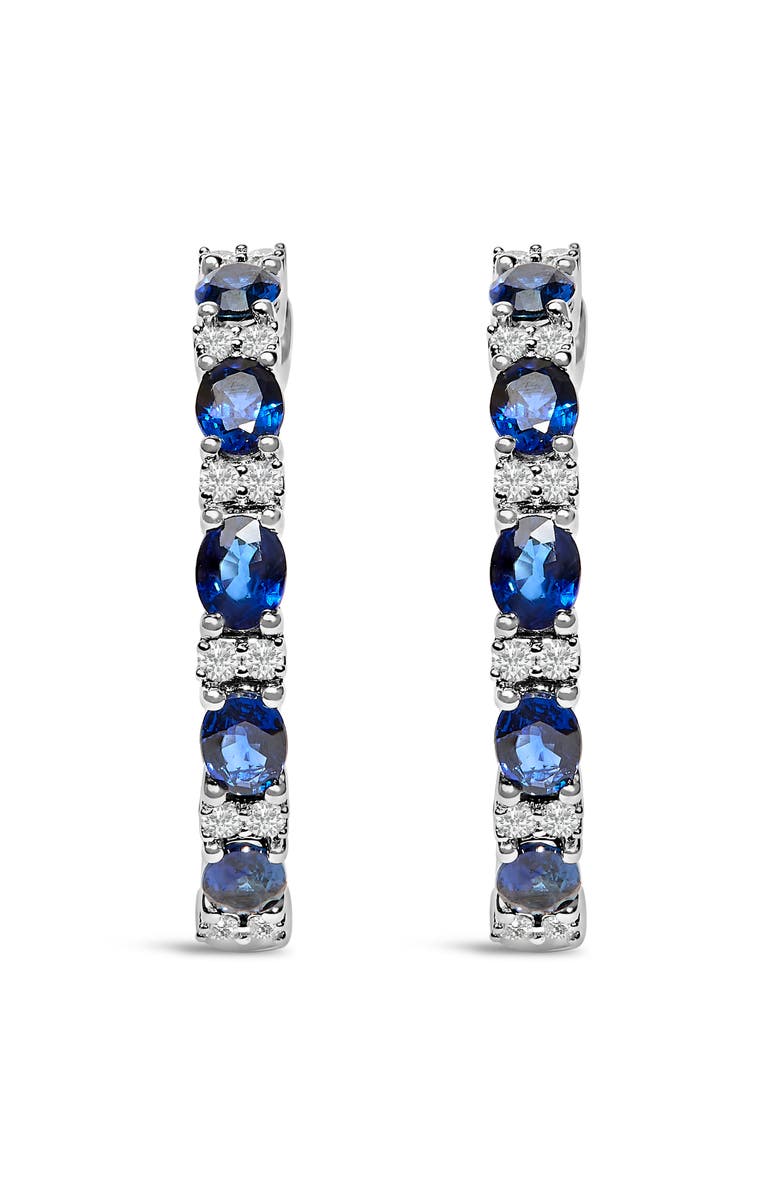 Haus of Brilliance 14K White Gold Oval Blue Sapphire & 1/4 Cttw Diamond Alternating Hoop Earring, Alternate, color, White