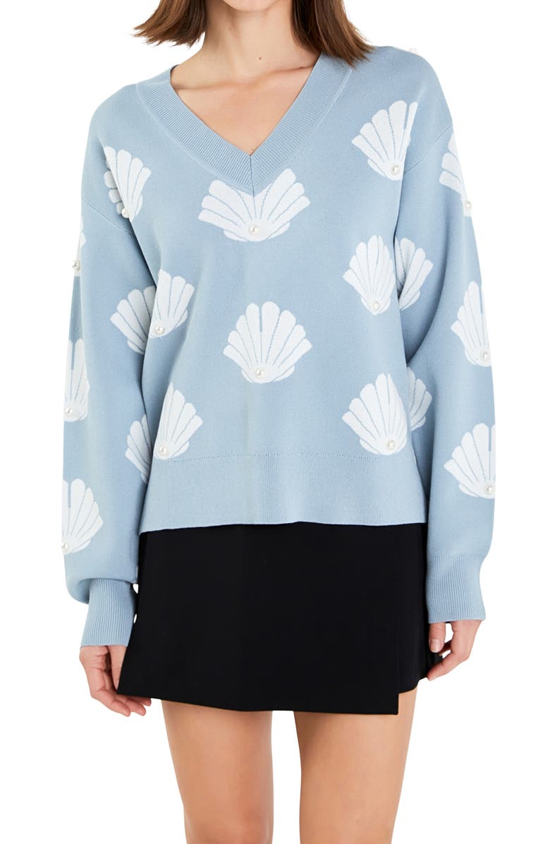 English Factory Shell Motif Sweater, Alternate, color, Sky Blue/ White