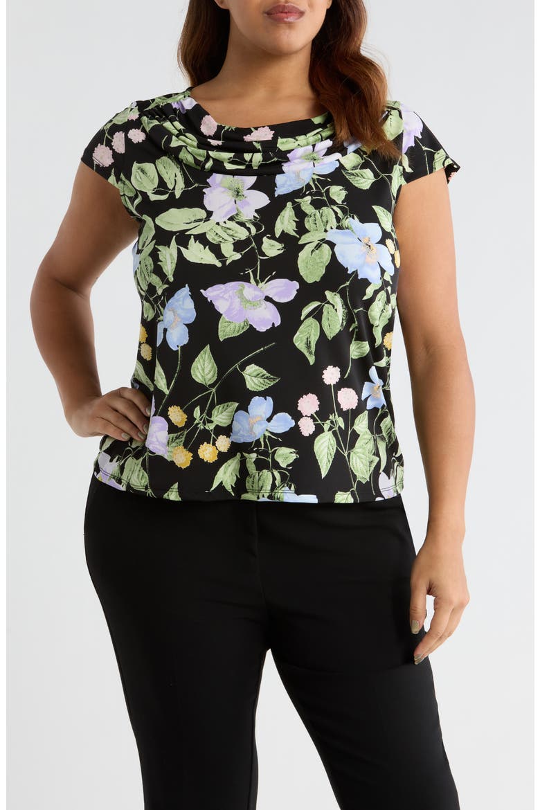 Cowl Neck Cap Sleeve Top, Main, color, BLACK MULTI