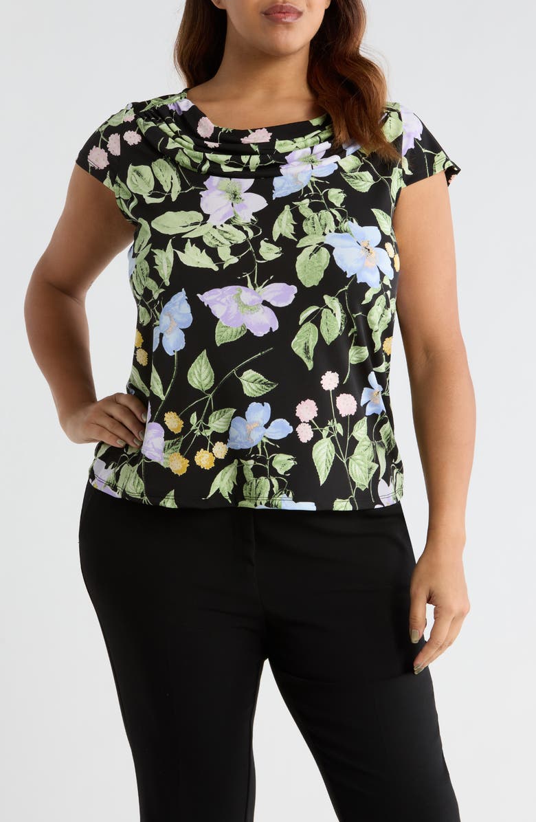 KASPER Cowl Neck Cap Sleeve Top, Main, color, Black Multi