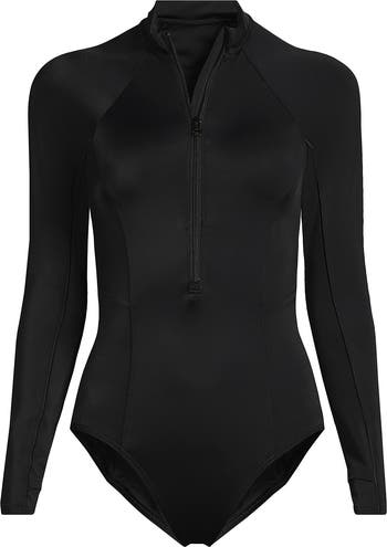 Chlorine Resistant Zip Front Long Sleeve Tugless Sporty One Piece Swimsuit