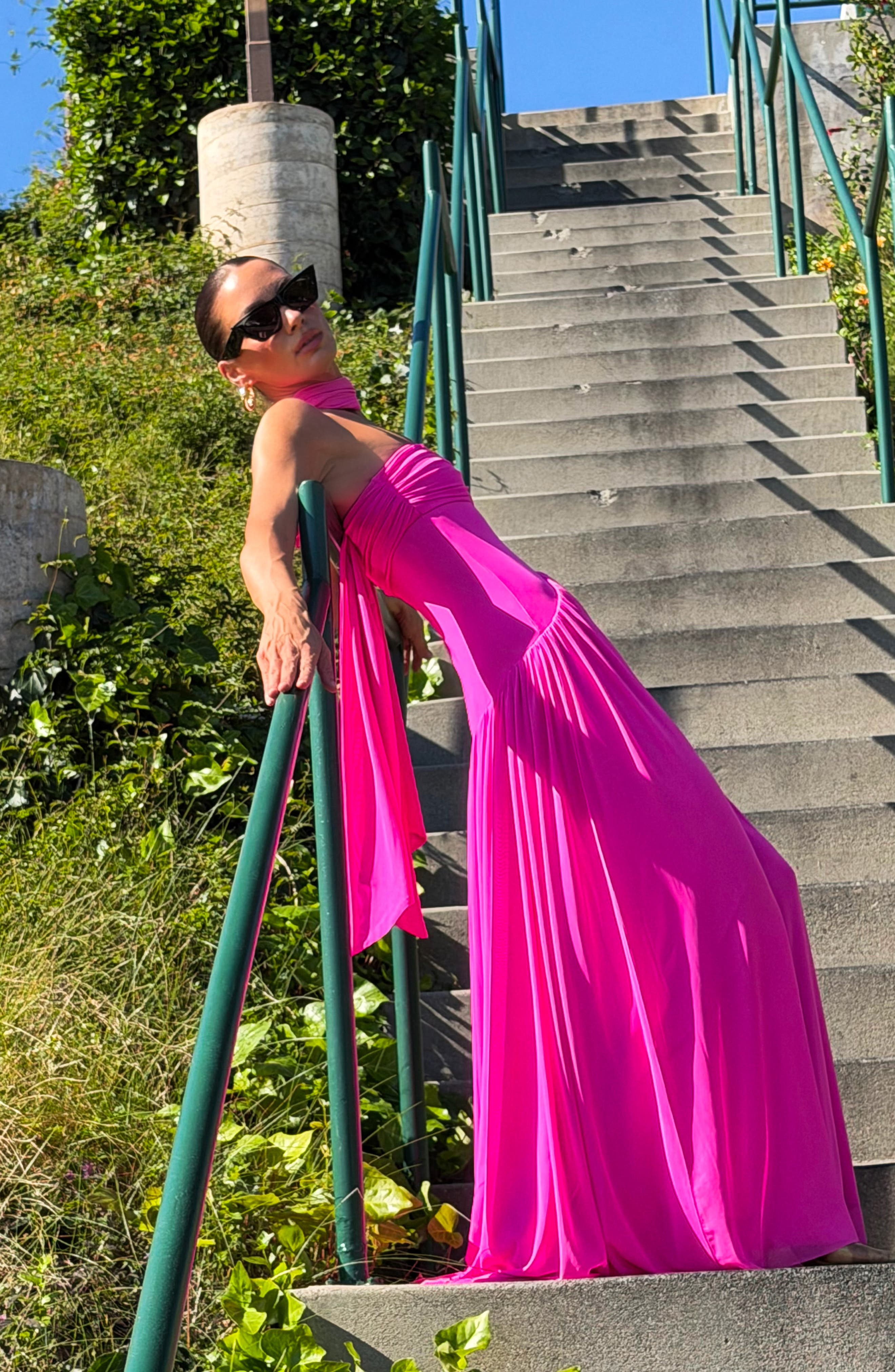 pink scarf maxi dress Caira Chiffon Scarf Maxi Dress / Ombre Dark Pink | MESHKI