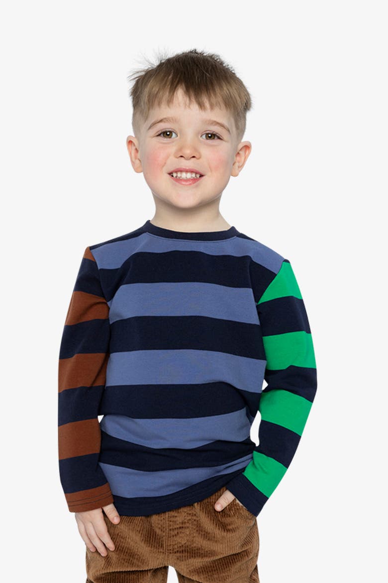 Cotton Large Striped Long Contrasting Sleeve T-Shirt, Alternate, color, Blue, Green and Brown Stripes
