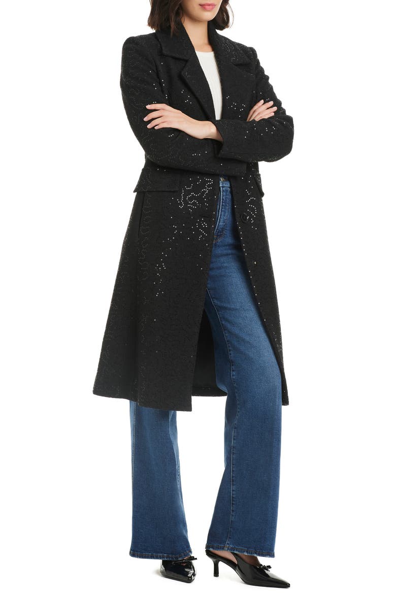 Sequin Pattern Longline Coat, Alternate, color, BLACK