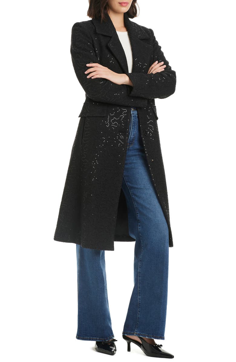 Kate Spade New York Sequin Pattern Longline Coat, Alternate, color, Black