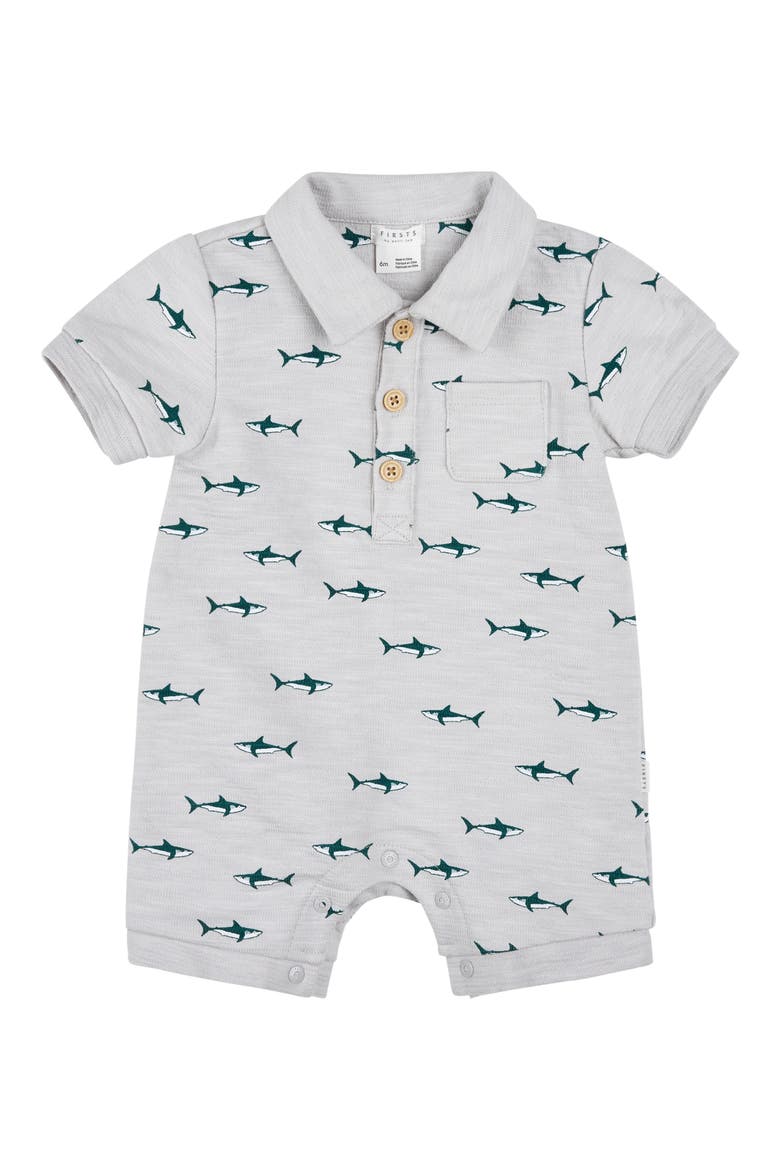 Shark Print Cotton Polo Romper, Main, color, LIGHT GREY