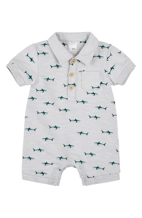 Shark Print Cotton Polo Romper (Baby)