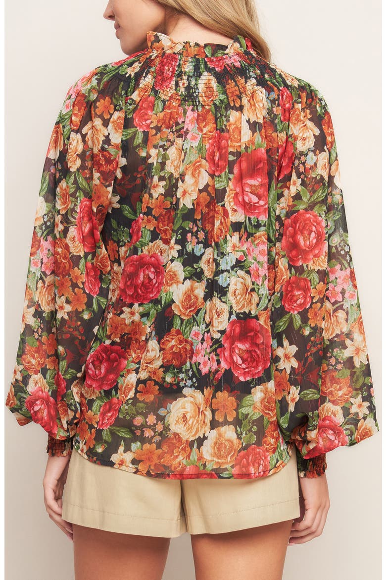 Floral Tie Neck Long Sleeve Top, Alternate, color, BLACK/RED