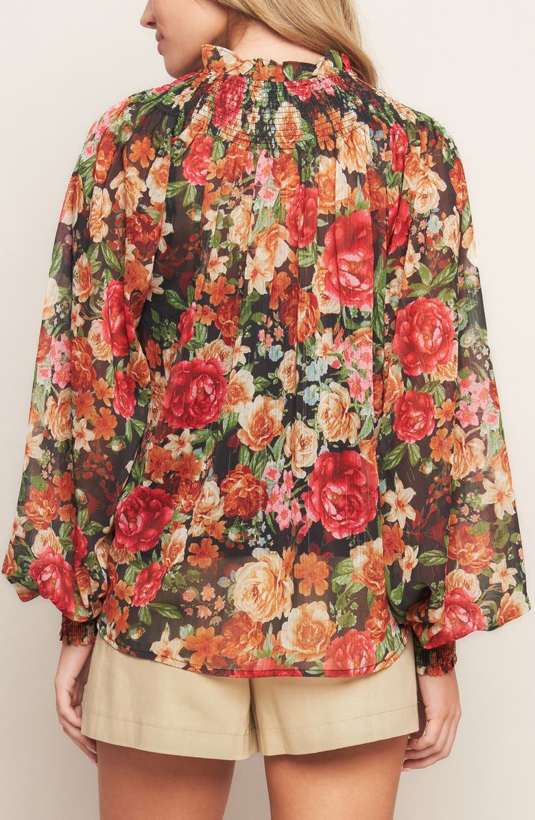 FLYING TOMATO Floral Tie Neck Long Sleeve Top, Alternate, color, Black/Red