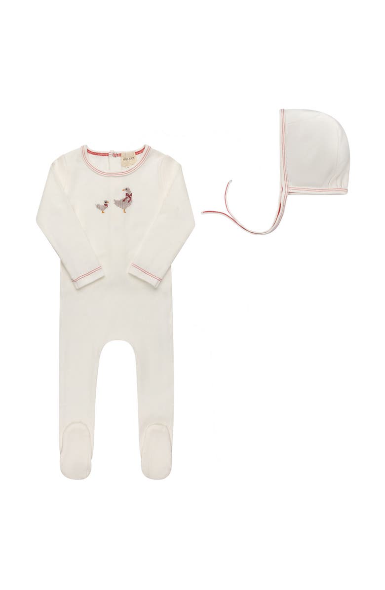 Ely's & Co. Cross Stitch Duckling Collection - Footie + Bonnet, Main, color, Ivory/Pink
