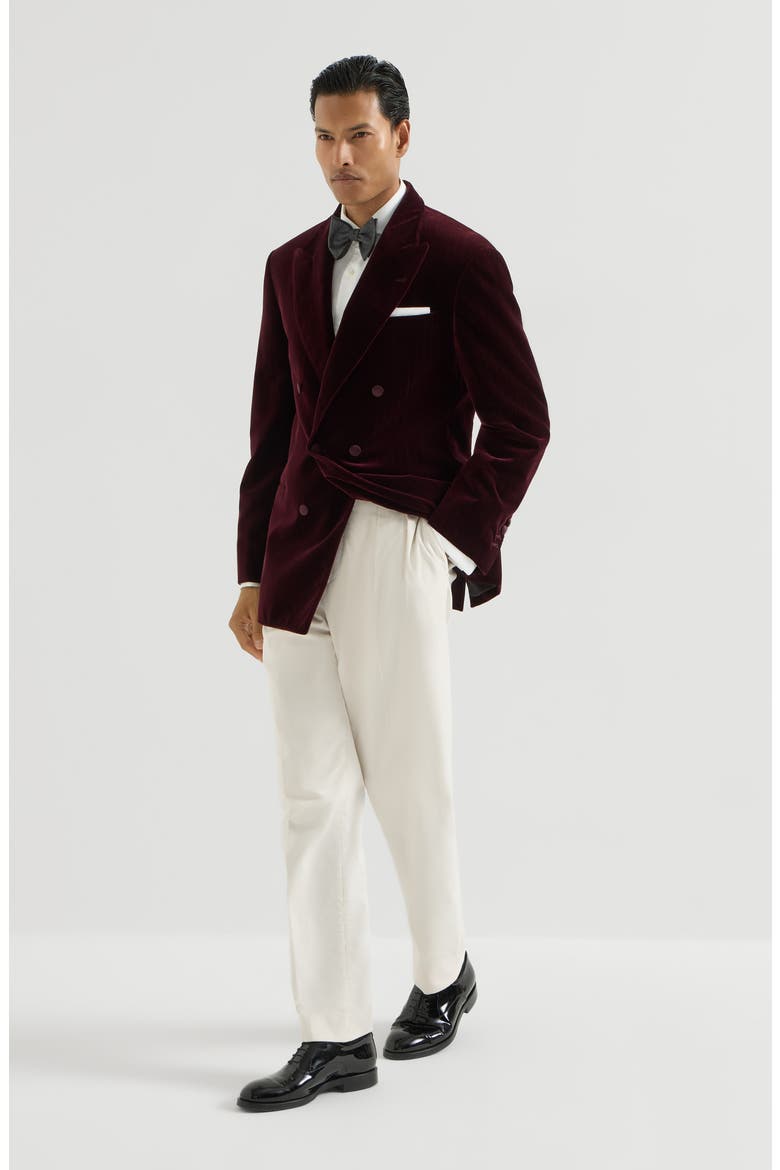 Cotton chalk stripe velvet one-and-a-half breasted tuxedo jacket with peak lapels, Alternate, color, Bordeaux