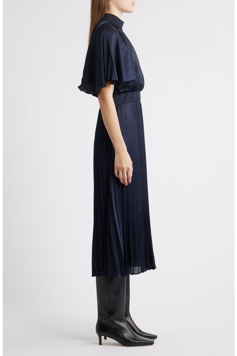 Flutter Sleeve Pleated Midi Dress, Alternate, color, NAVY