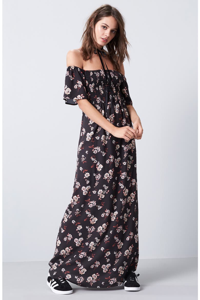 Smocked Off the Shoulder Maxi Dress, Alternate, color, BLACK FLORAL