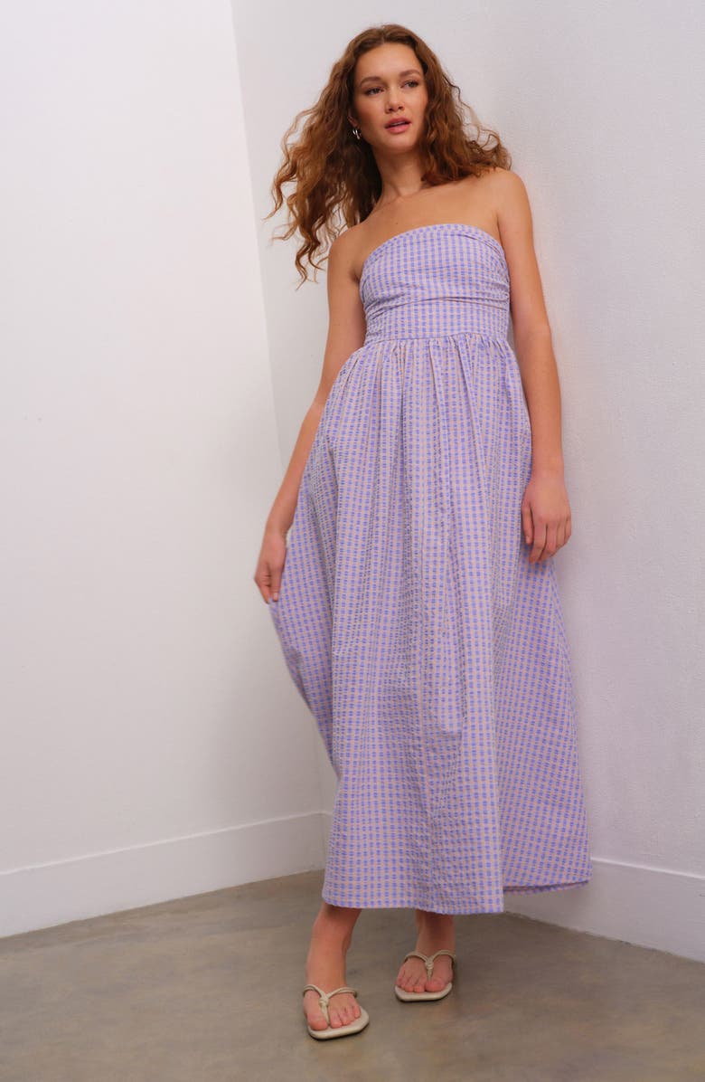 NEXT Strapless Gingham Seersucker Midi Dress, Alternate, color,
