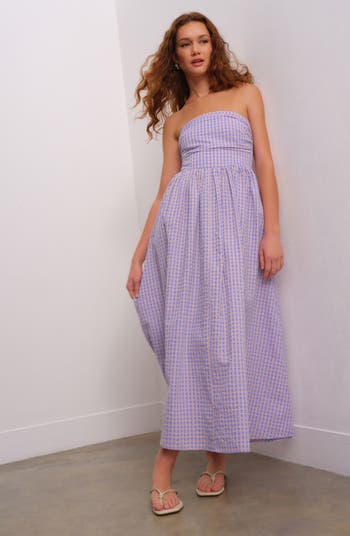 Strapless Gingham Seersucker Midi Dress