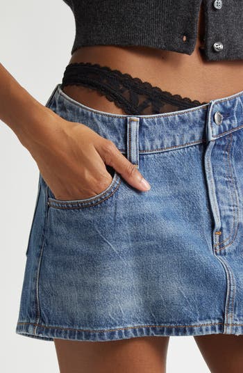 Pre-Styled Denim Miniskirt with Asymmetric Lace Waistband