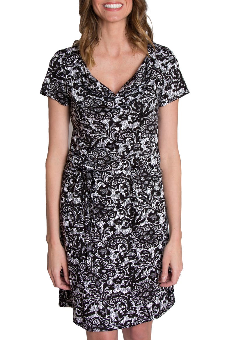 'Chic' Cowl Neck Nursing Dress, Alternate, color, BLACK/ WHITE LACE