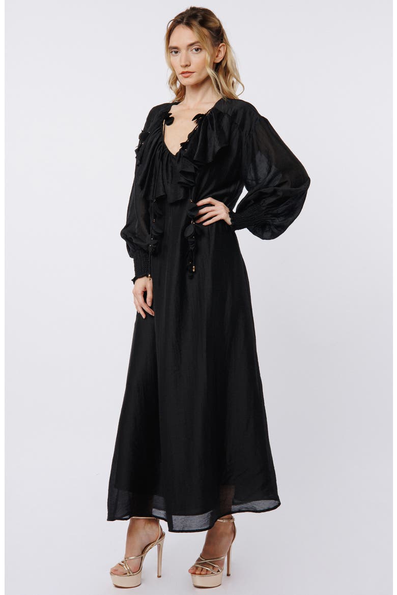 Kiyelle Ruffle Long Sleeve Maxi Dress, Alternate, color, BLACK