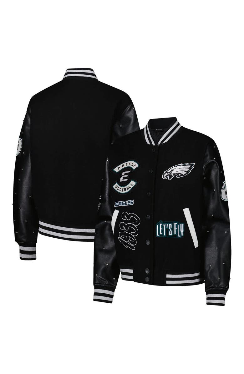 THE WILD COLLECTIVE Women's The Wild Collective Black Philadelphia Eagles Varsity Full-Snap Sparkle Jacket, Alternate, color,