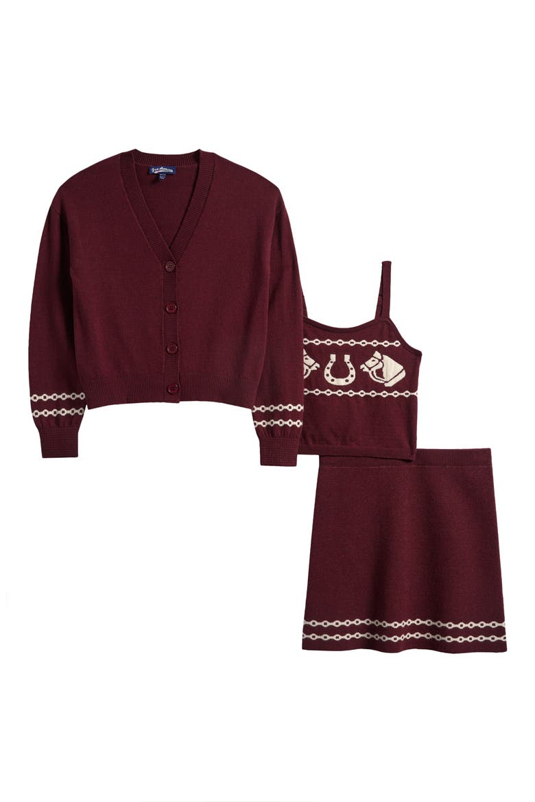 Kids' Horse Knit Camisole, Cardigan & Skirt Set, Main, color, BURGUNDY IVORY