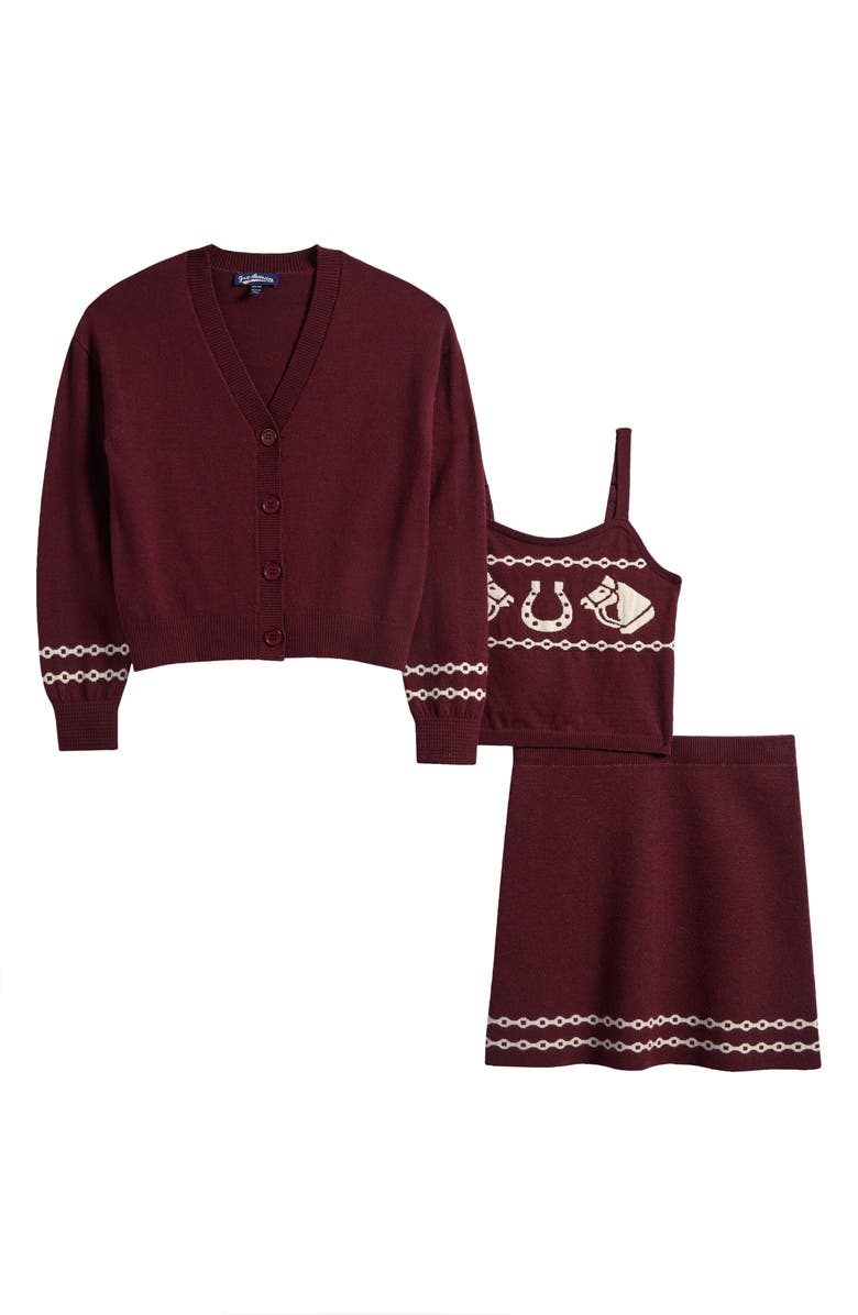 Freshman Kids' Horse Knit Camisole, Cardigan & Skirt Set, Main, color, Burgundy Ivory