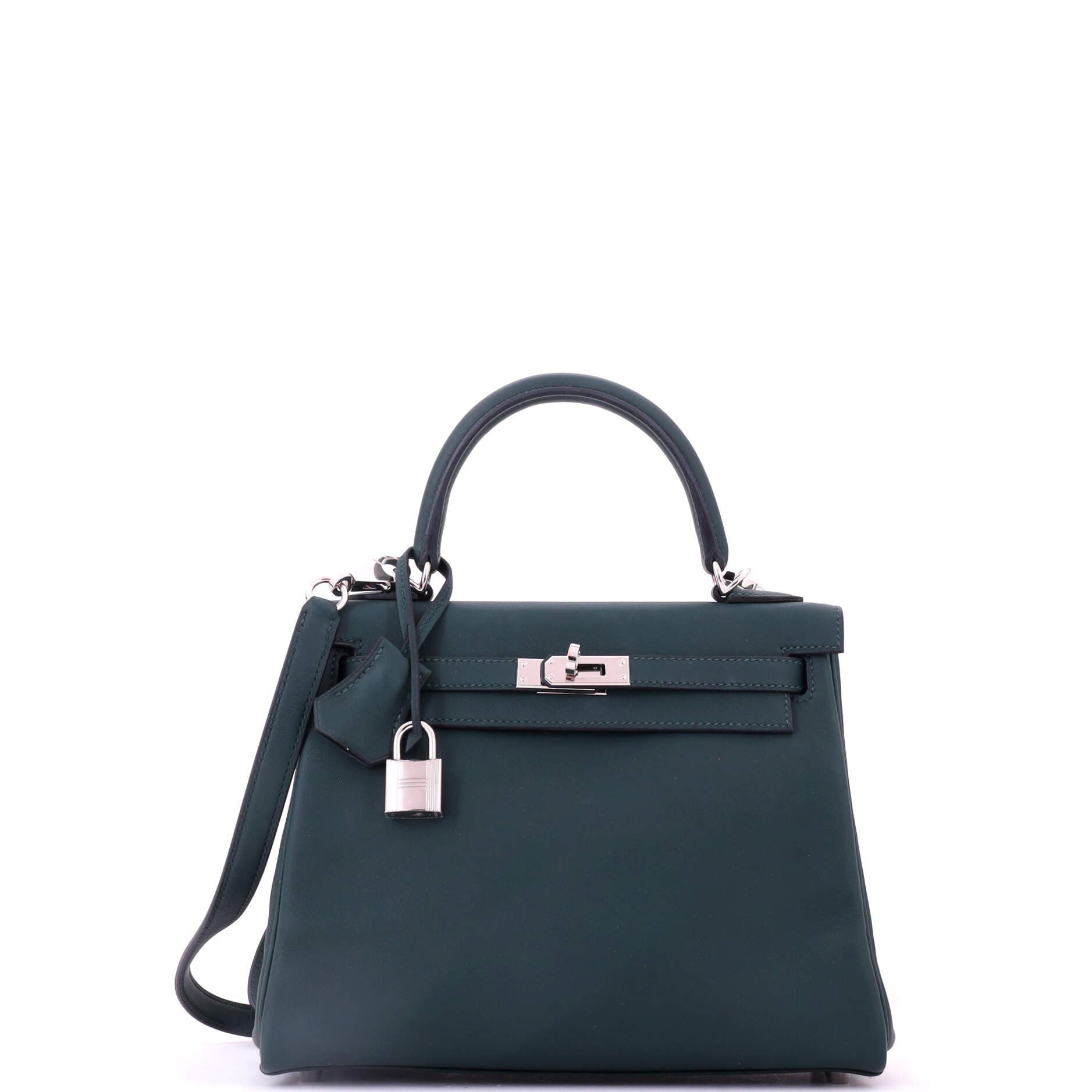 Pre-Owned Hermes Kelly Handbag Green Swift with Palladium Hardware 25, Main, color, Vert Cypress
