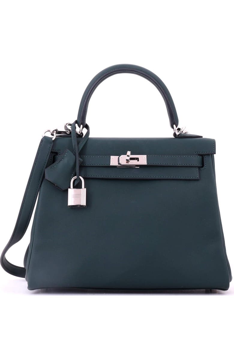 Pre-Owned Hermes Kelly Handbag Green Swift with Palladium Hardware 25, Main, color, Vert Cypress