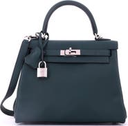 Pre-Owned Hermes Kelly Handbag Green Swift with Palladium Hardware 25