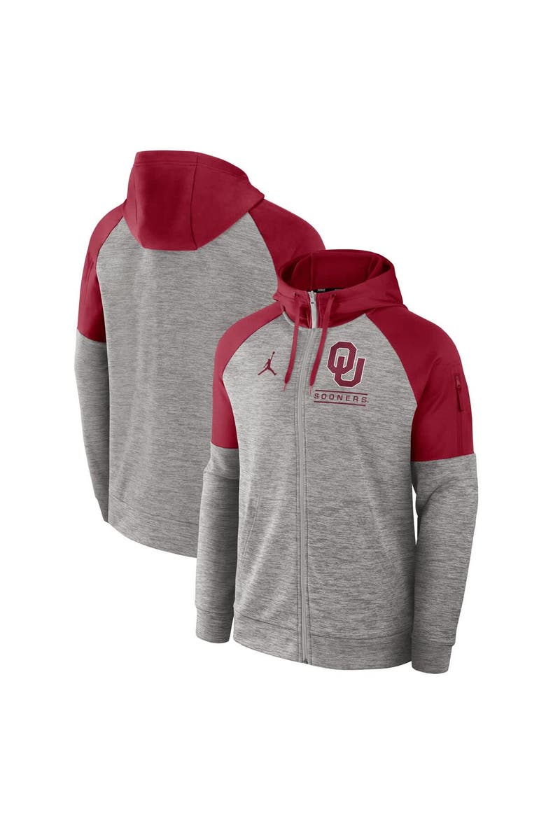 Men's Jordan Brand Heather Gray Oklahoma Sooners Fitness Raglan Performance Full-Zip Hoodie, Main, color, Heather Gray