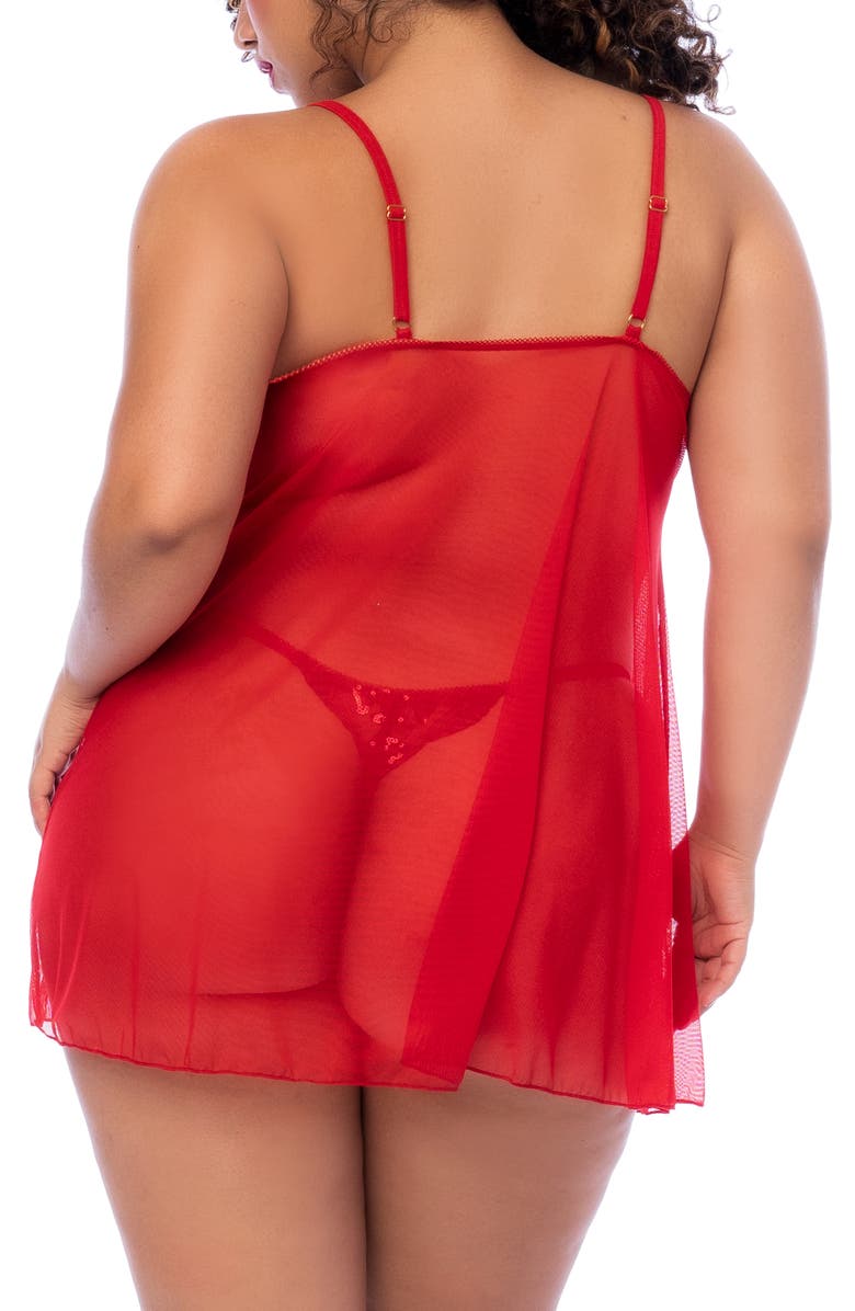 Mapale Sequin Lace Split Babydoll Chemise, Alternate, color, Red