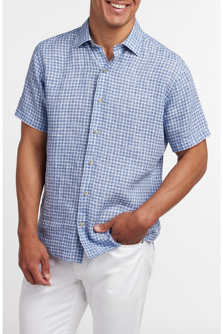Check Linen Short Sleeve Button-Up Shirt, Main, color, NAVY/ SKY