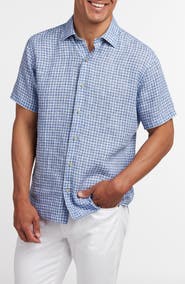 David Donahue Check Linen Short Sleeve Button-Up Shirt