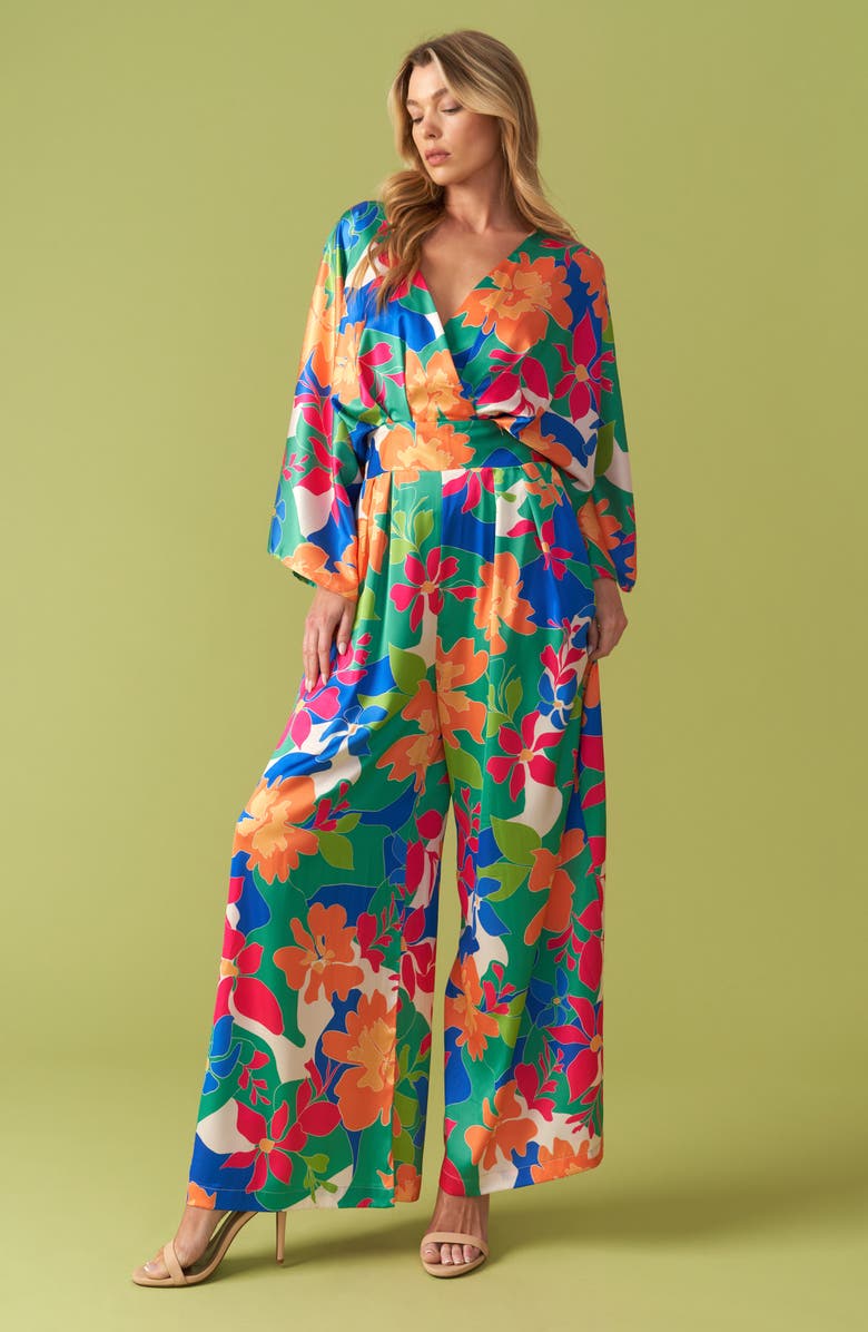 FLYING TOMATO Wide Leg Long Sleeve Jumpsuit, Alternate, color, Green Orange