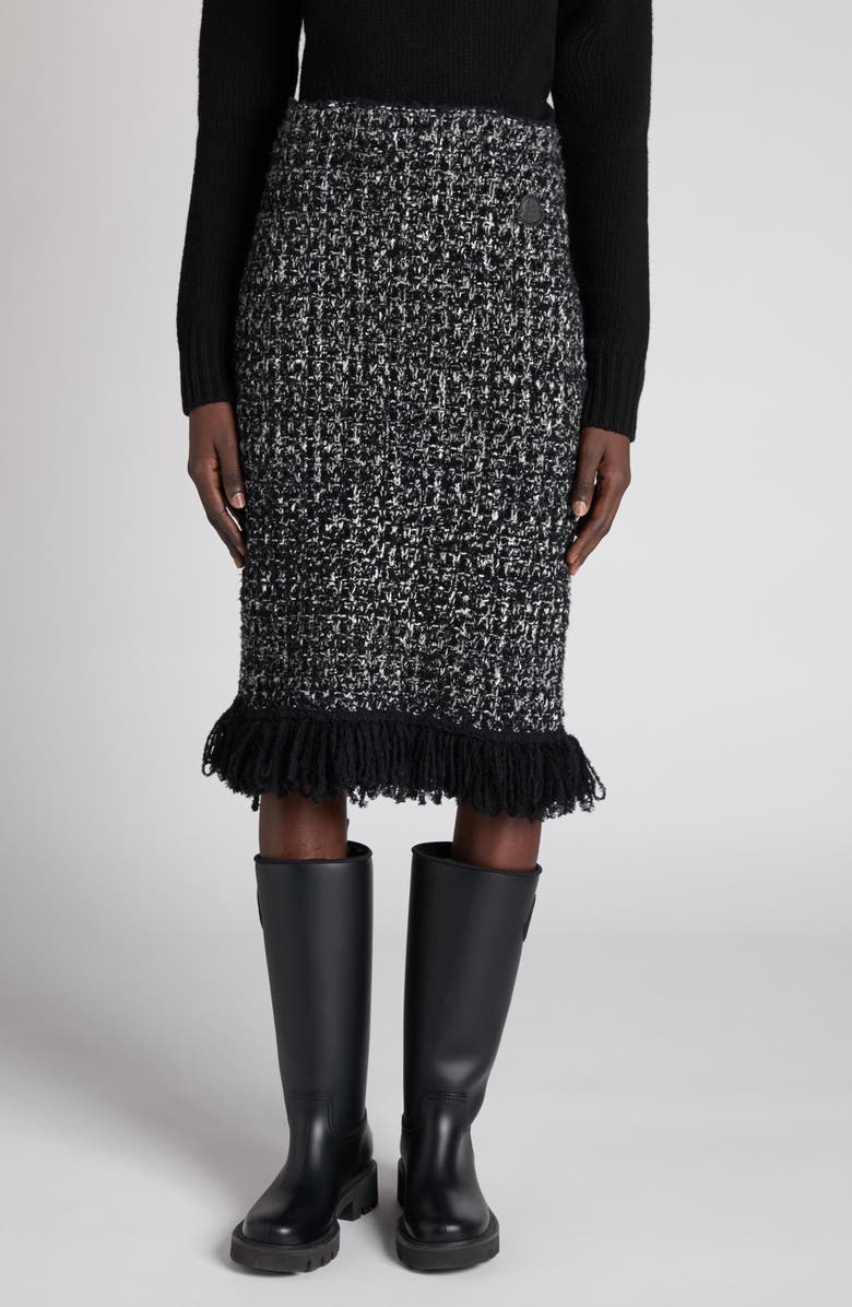 Moncler Fringe Trim Bouclé Knit Skirt, Main, color, Black/ White
