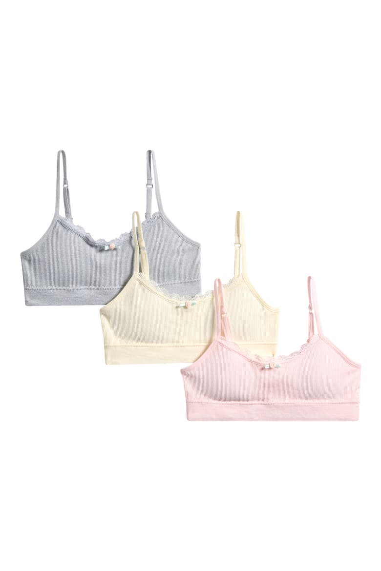 Kids' Assorted 3-Pack Lace & Bow Bralettes, Main, color, VANILLA FROST/ LHG/ STRWB