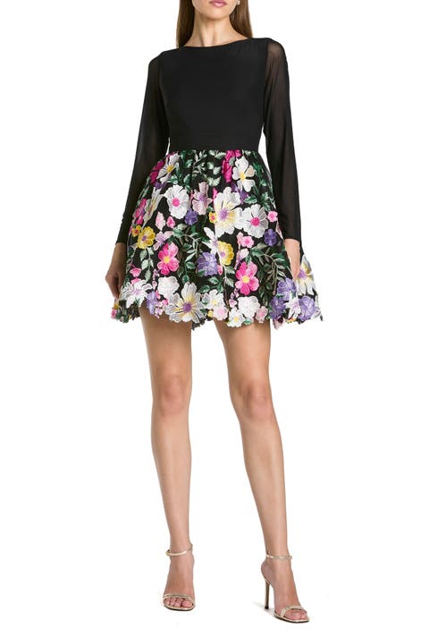 Long Sleeve Mini Dress with Floral Embroidery