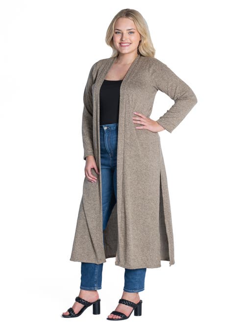 24seven Comfort Apparel Plus Size Long Duster Open Front Knit Cardigan In Brown