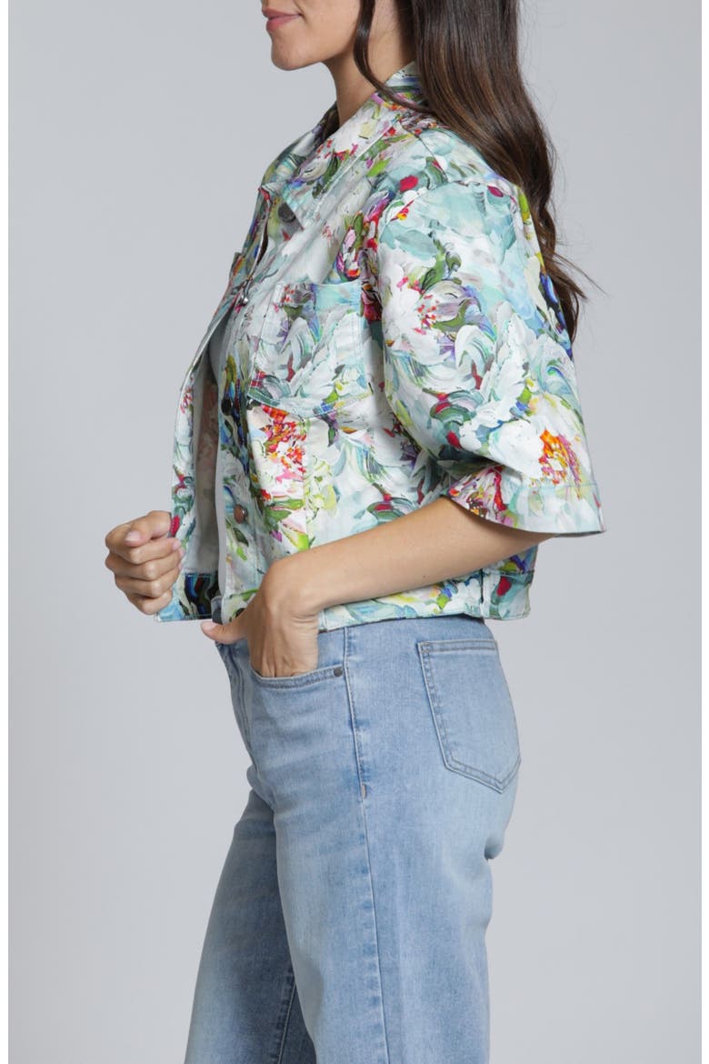 Floral Print Short Sleeve Denim Jacket, Alternate, color, AQUA MULTI