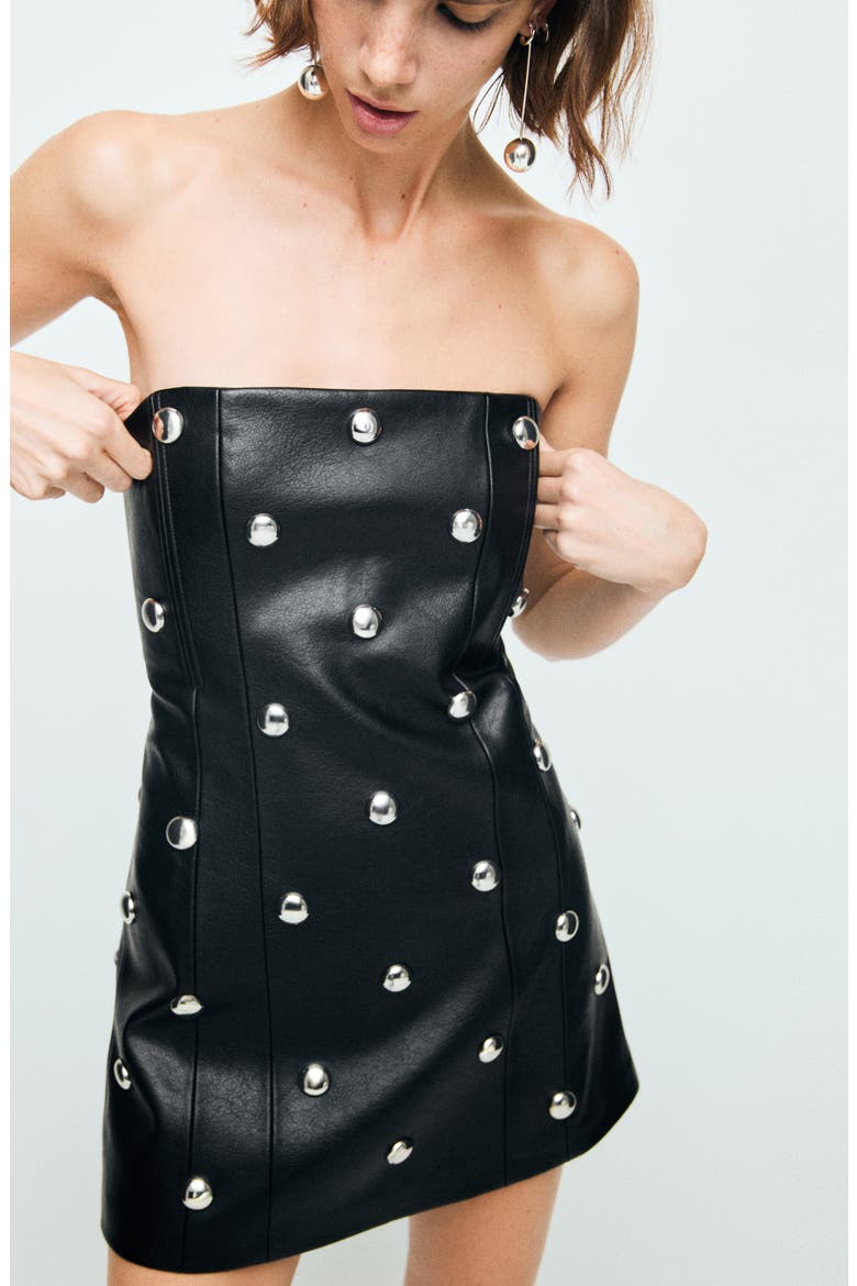 Carla Stud Detail Strapless Faux Leather Dress, Alternate, color, BLACK