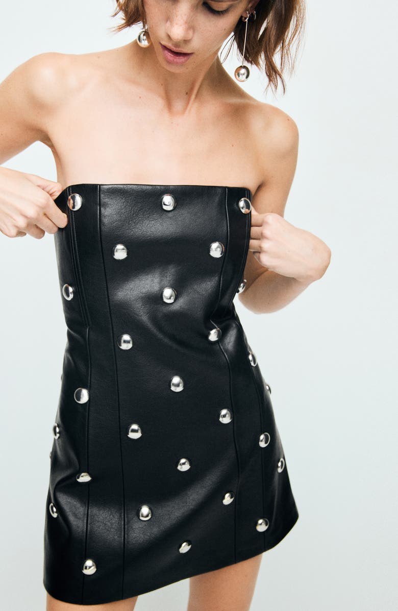 MANGO Carla Stud Detail Strapless Faux Leather Dress, Alternate, color, Black