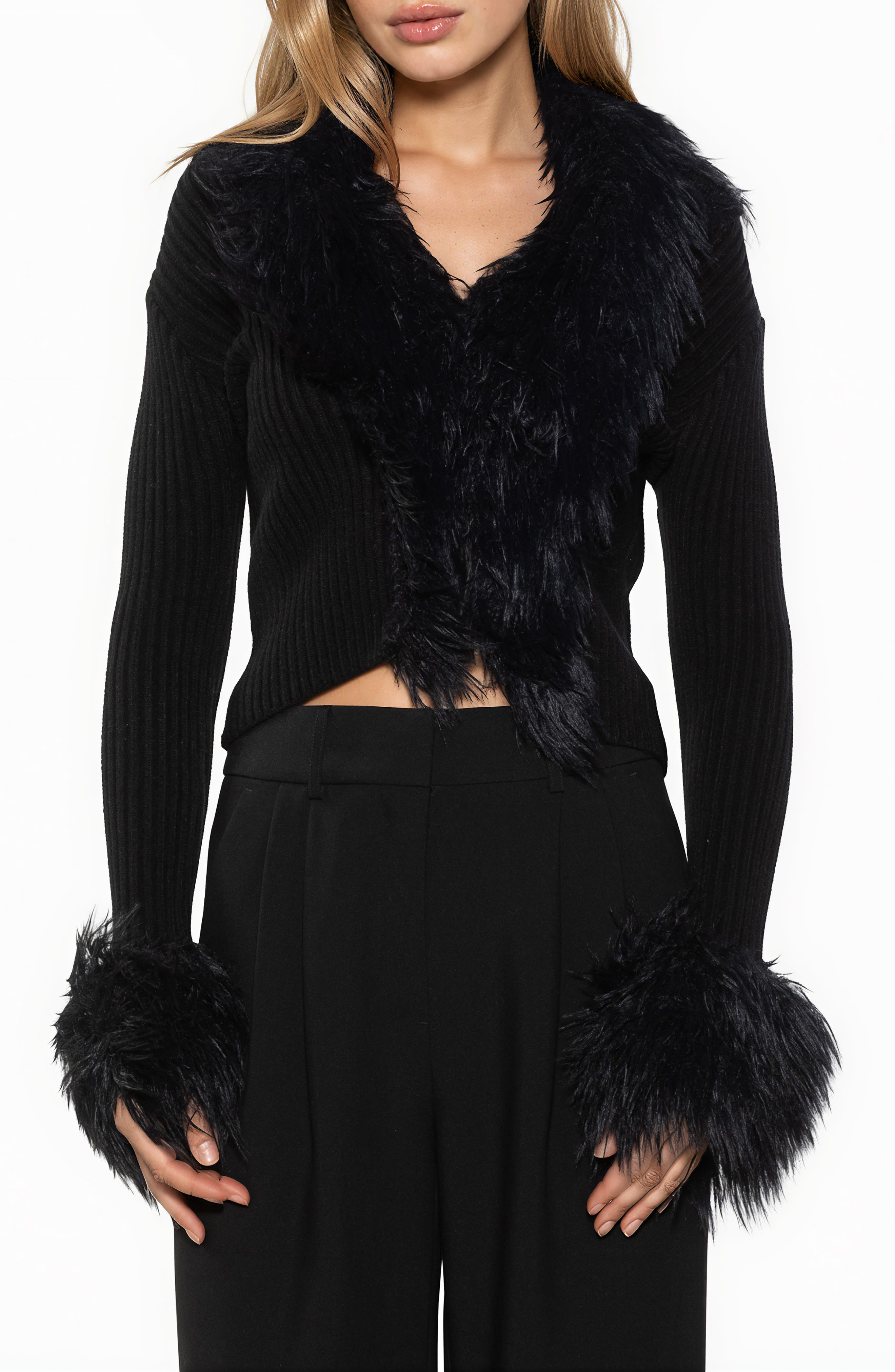 Alexia Admor Kennedy Faux Fur Trim Sweater In Black