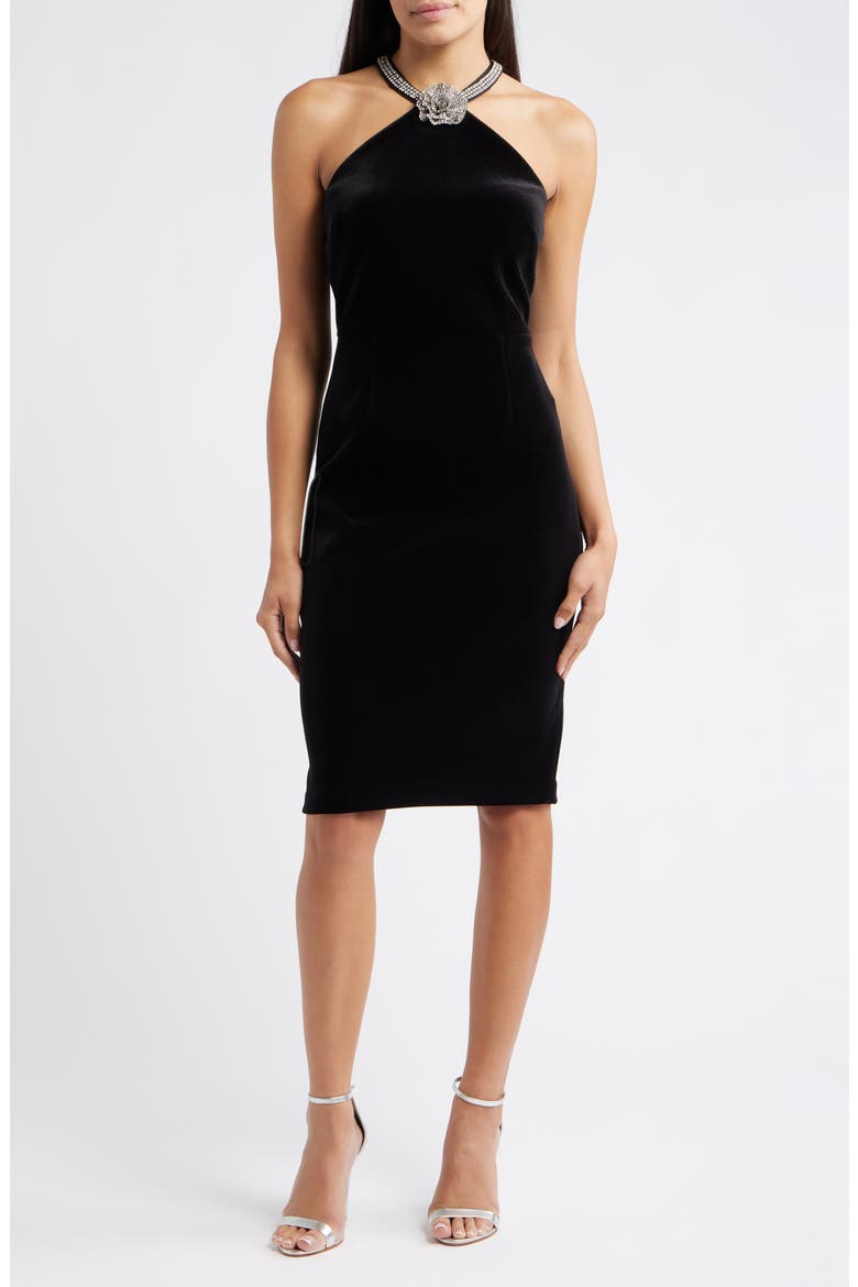 Crystal Flower Halter Neck Velvet Cocktail Dress, Main, color, BLACK