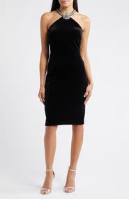 Eliza J Crystal Flower Halter Neck Velvet Cocktail Dress