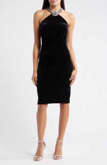 Eliza J Crystal Flower Halter Neck Velvet Cocktail Dress