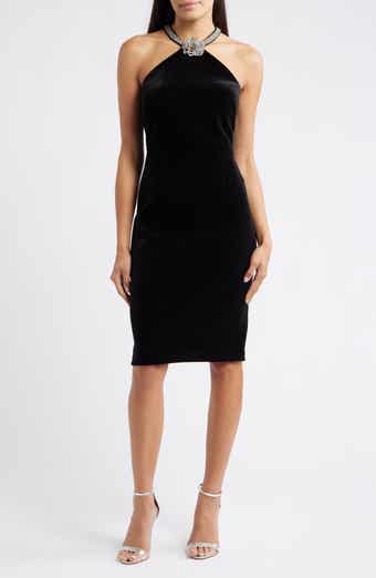 Eliza J Crystal Flower Halter Neck Velvet Cocktail Dress