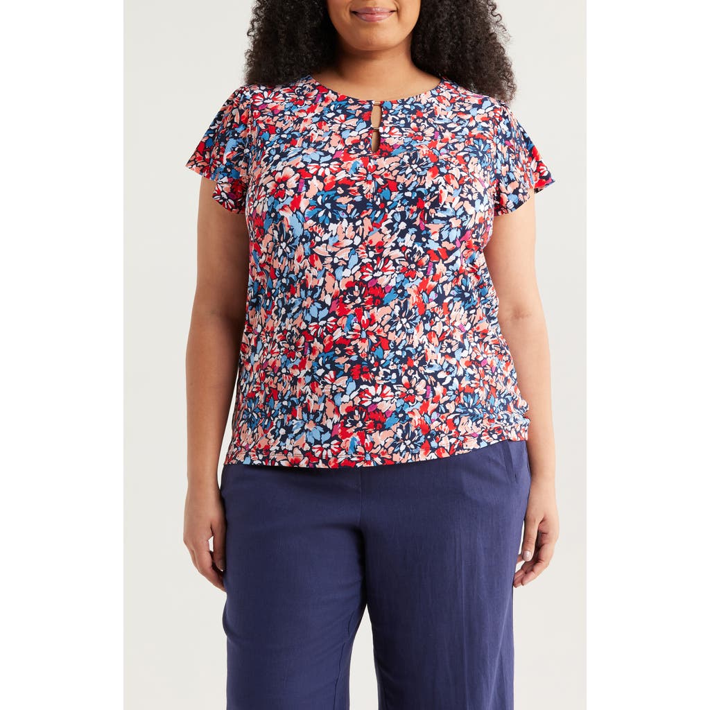 Jones New York Floral Flutter Sleeve Top In Coral Sun Multi