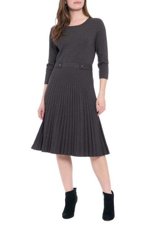 Long Sleeve Pleated Flare Skirt Dress